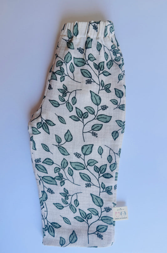 100% cotton muslin kids unisex trousers with leaf and vine detail