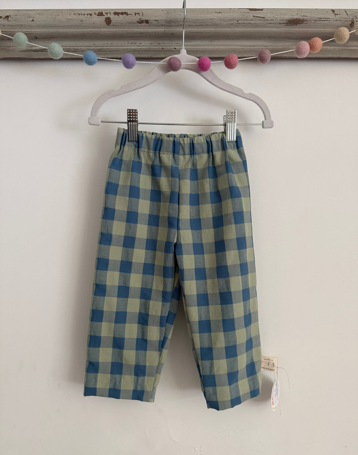 100% cotton seersucker Unisex Green & Blue check Children's Trouser