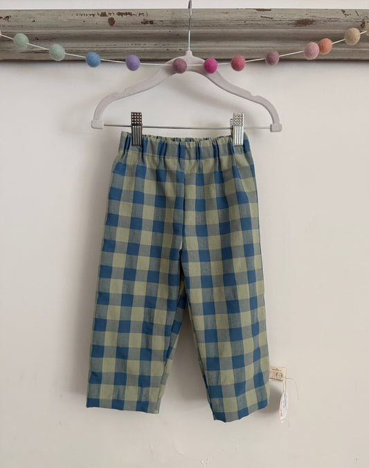 100% cotton seersucker Unisex Green & Blue check Children's Trouser