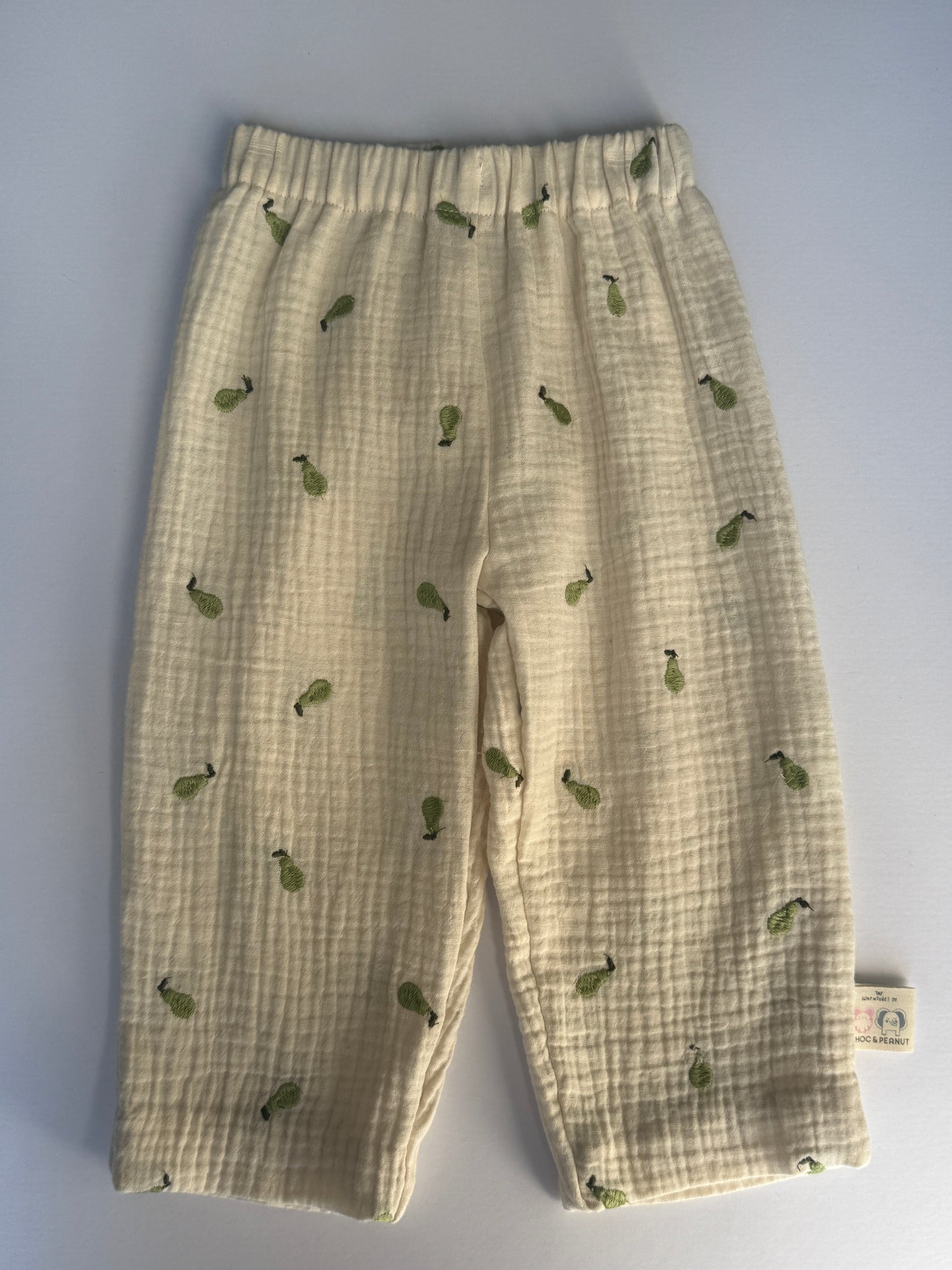 100% Cotton Muslin Kids Trousers with emroidered Pear detail