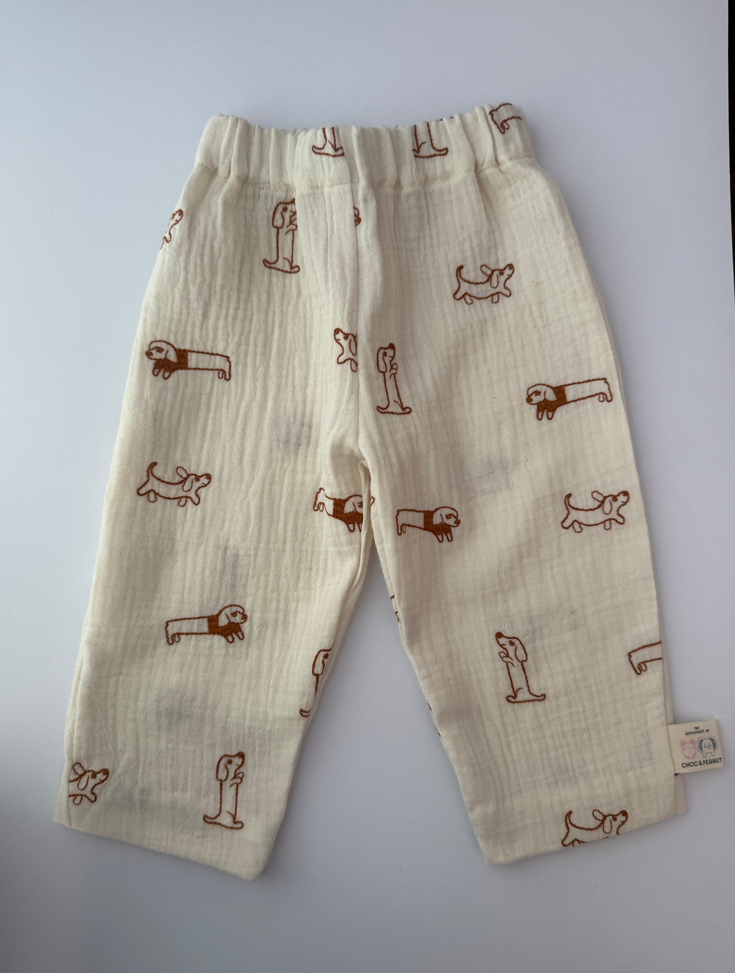 100% Cotton Muslin Kids Trousers with emroidered Dog detail