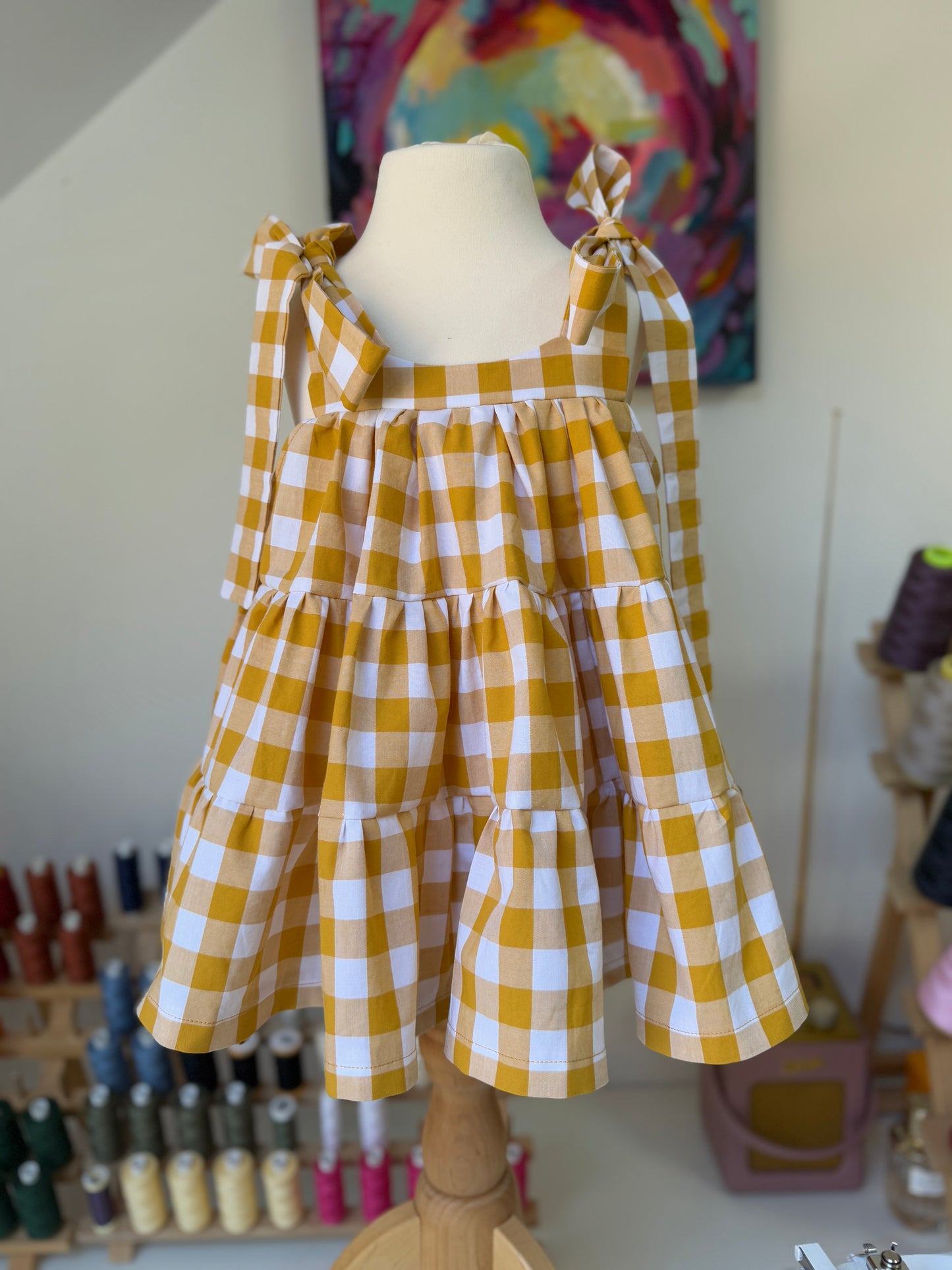 Gingham Mustard sustainable tiered dress