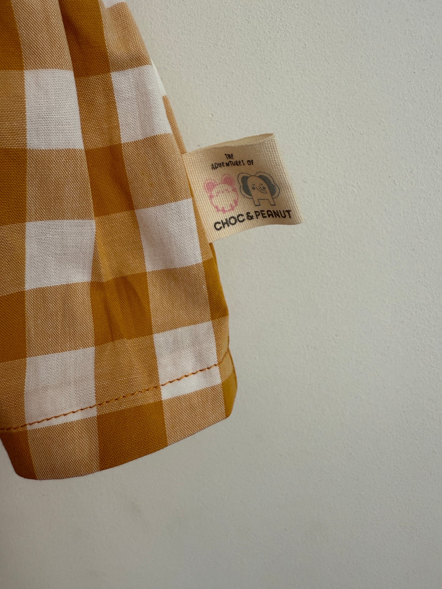 100% Cotton Gingham Mustard tiered dress with bow straps
