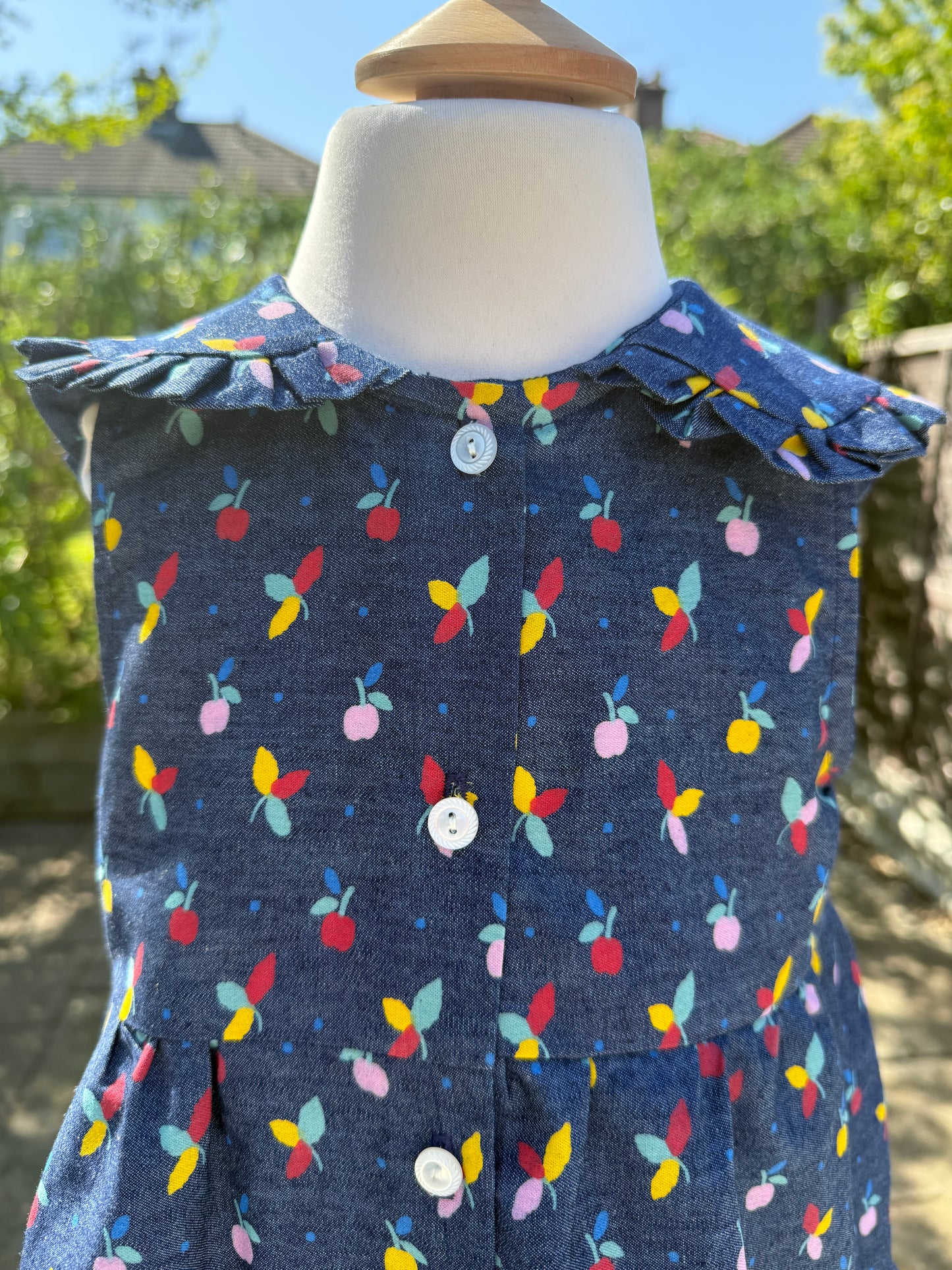 Cotton Apple & Floral Tiered Girls Dress with Collar