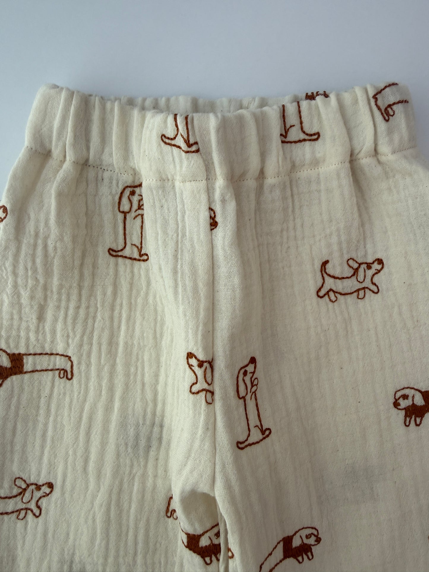 100% Cotton Muslin Kids Trousers with emroidered Dog detail