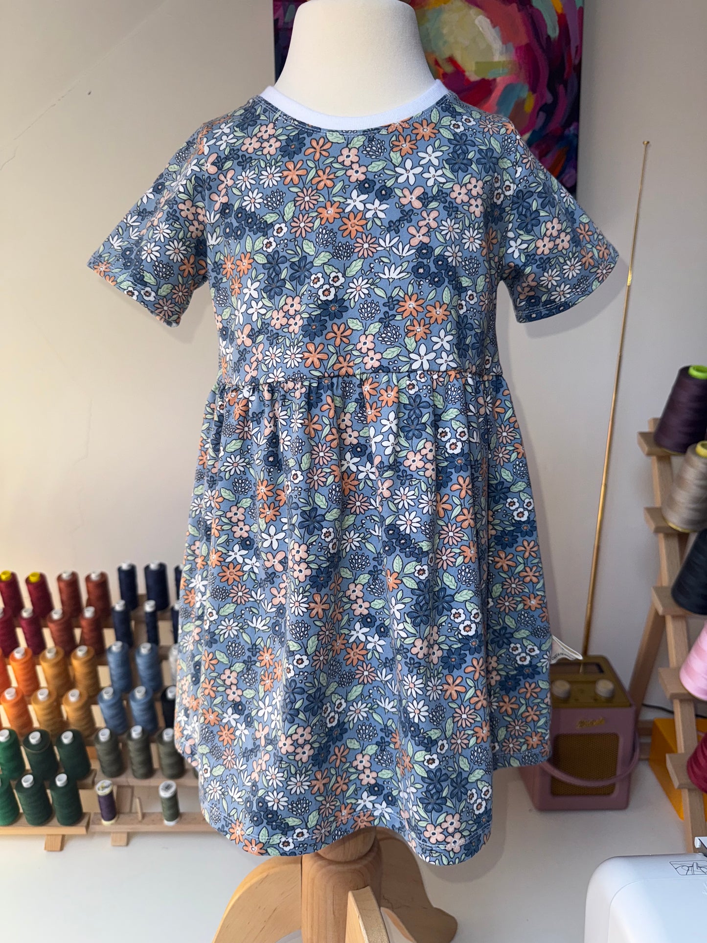 Flower Jersey Dress-Cornflower