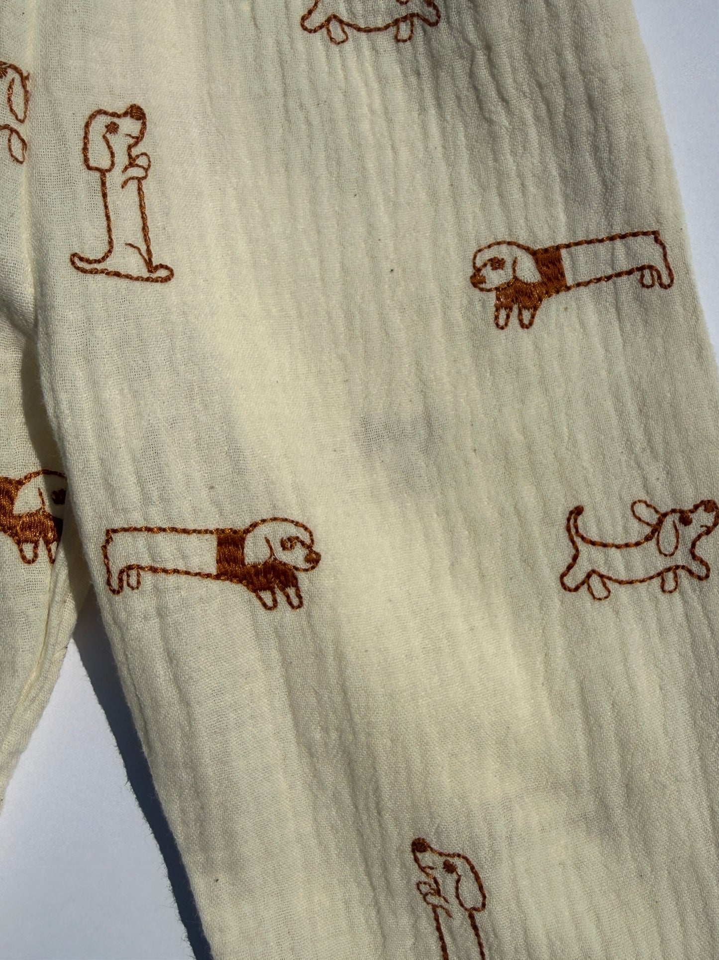 100% Cotton Muslin Kids Trousers with emroidered Dog detail