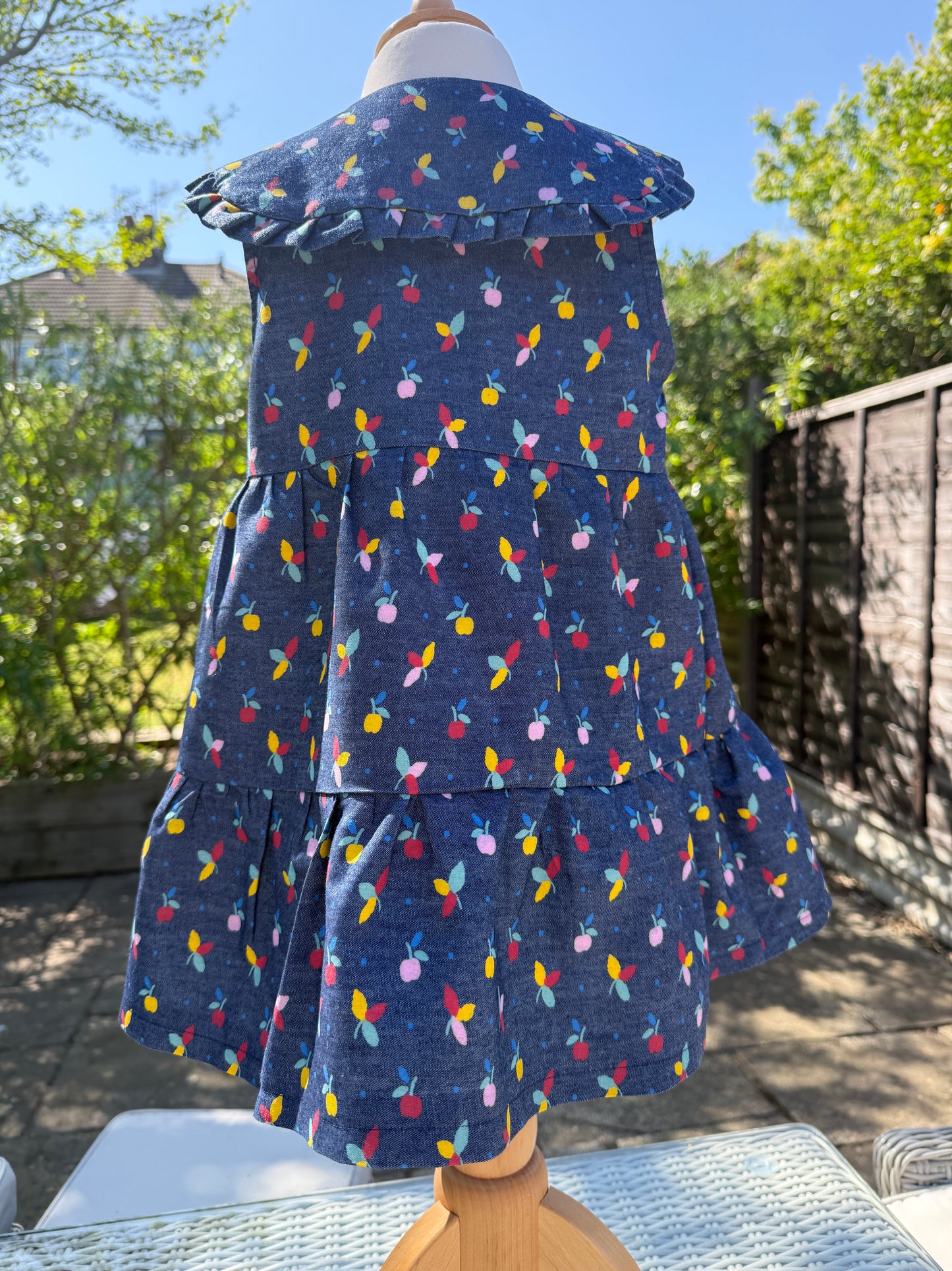 Cotton Apple & Floral Tiered Girls Dress with Collar