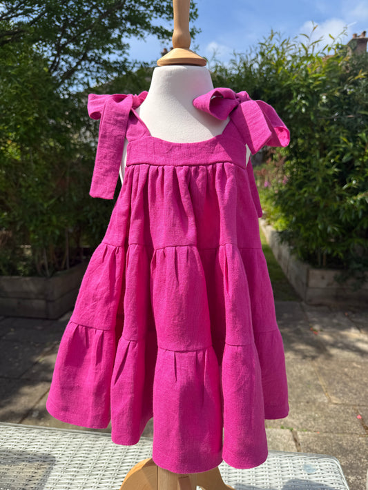 100% Baltic Linen Pink Linen tiered Children's Dress