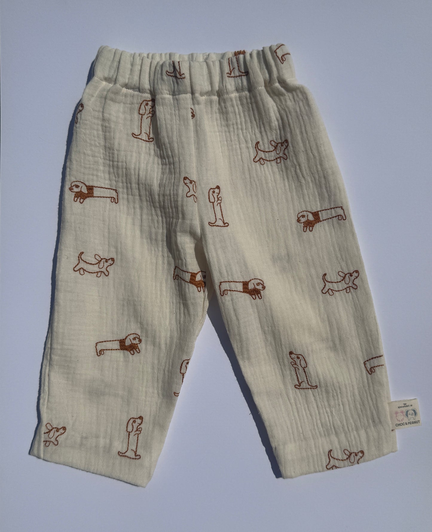 100% Cotton Muslin Kids Trousers with emroidered Dog detail