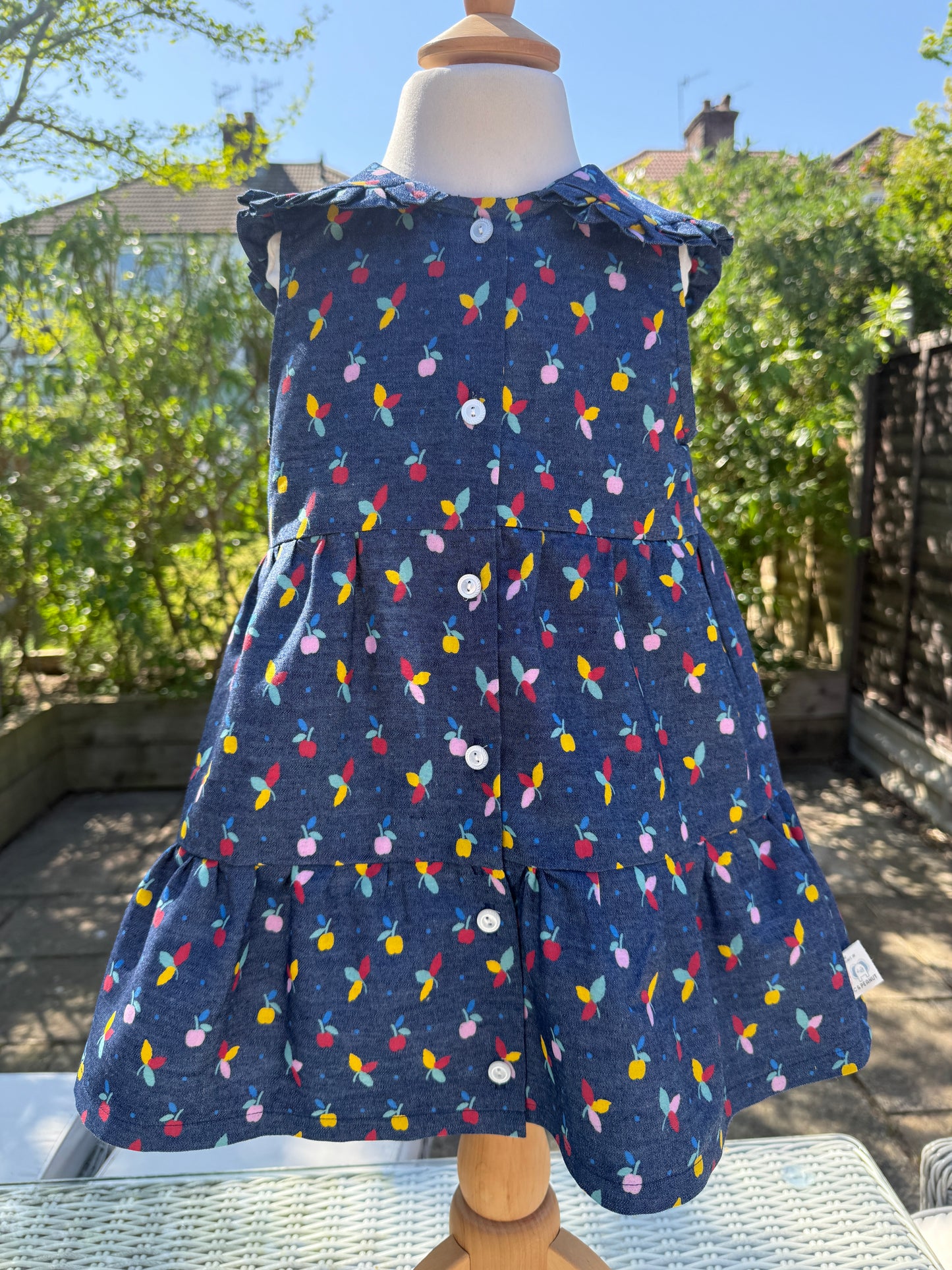 Cotton Apple & Floral Tiered Girls Dress with Collar