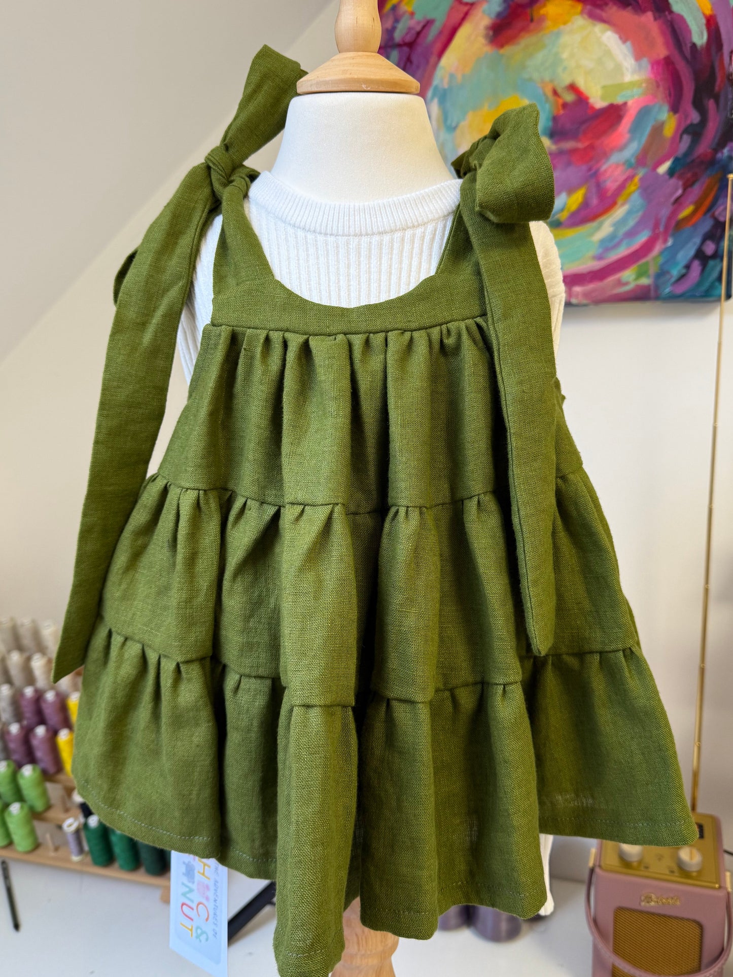 100% Baltic Linen Green tiered Children's Dress
