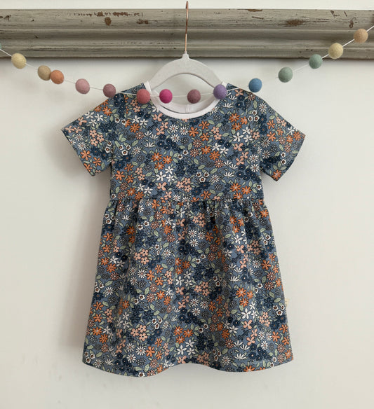 Organic Flower Jersey Children's Dress in Cornflower