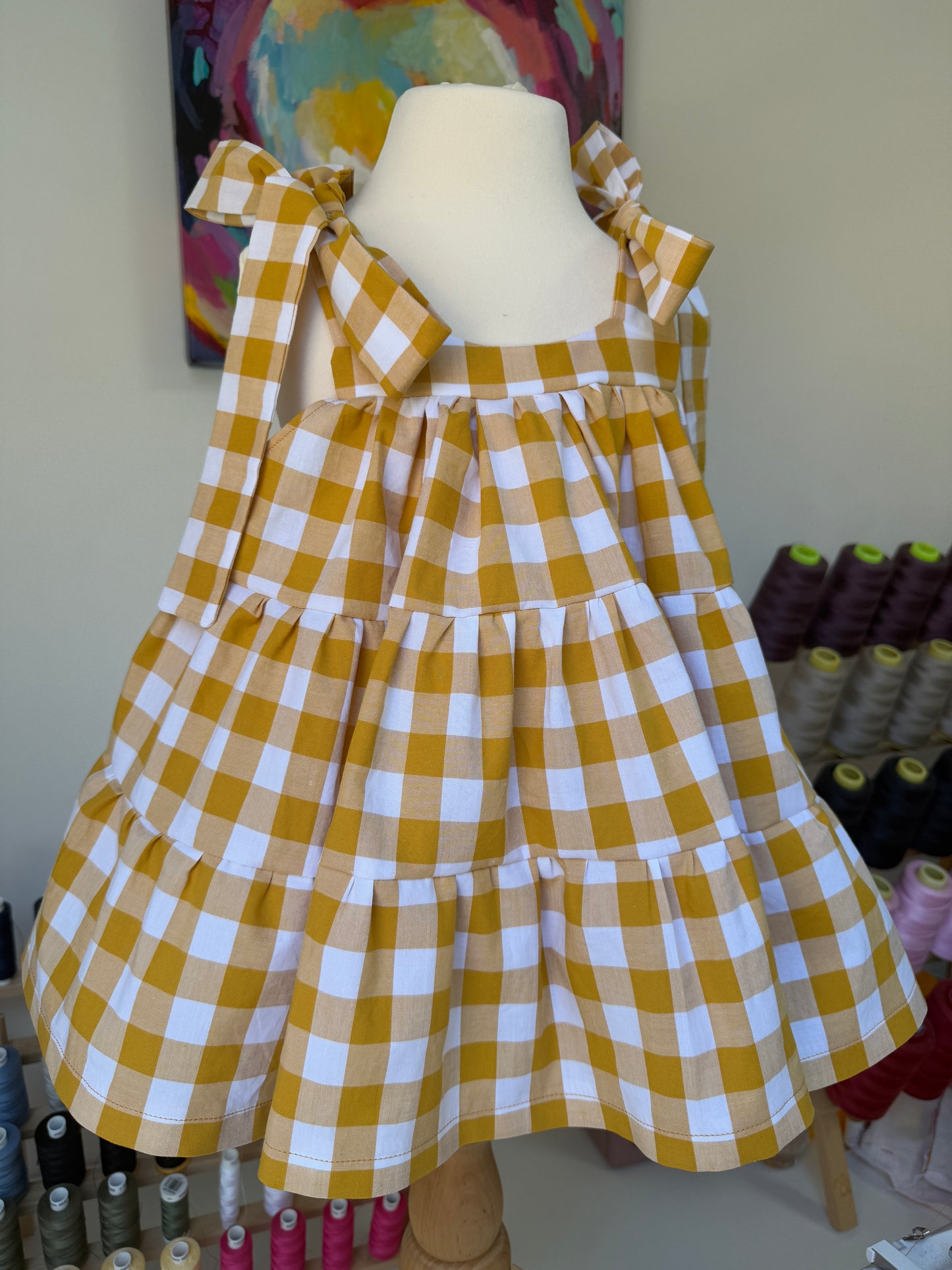 Gingham Mustard sustainable tiered dress