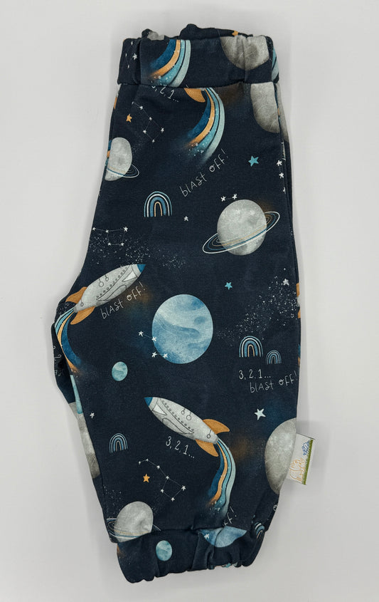 Kids unisex Navy sweatpants with space rockets and blast off. Planets and made of sustainable fabric 