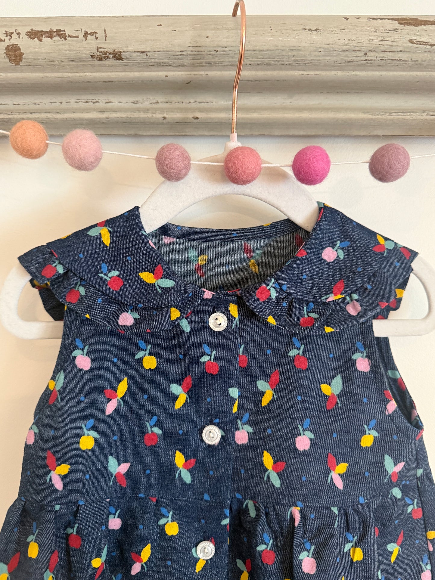 Cotton Apple & Floral Tiered Girls Dress with Collar