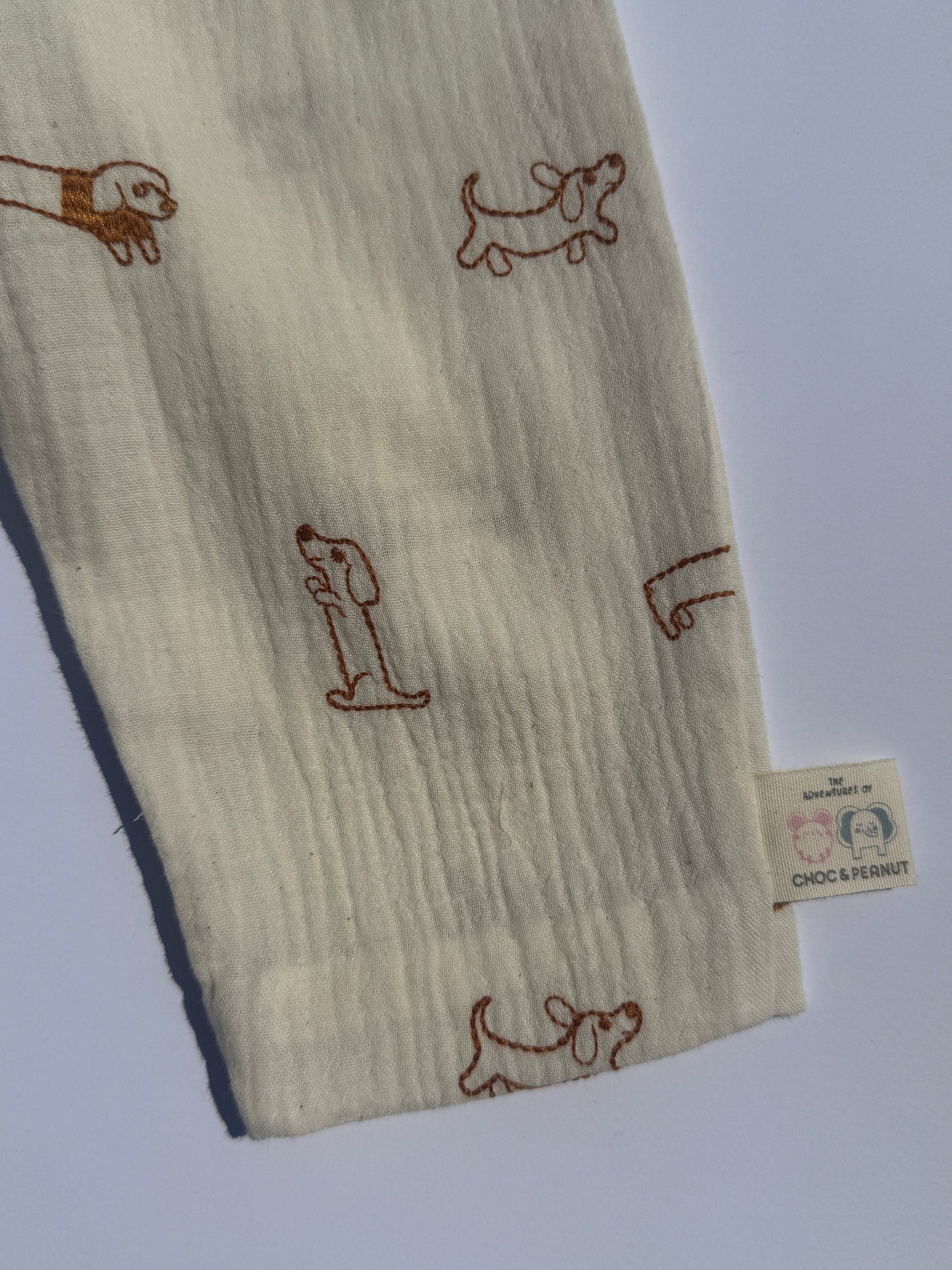 100% Cotton Muslin Kids Trousers with emroidered Dog detail