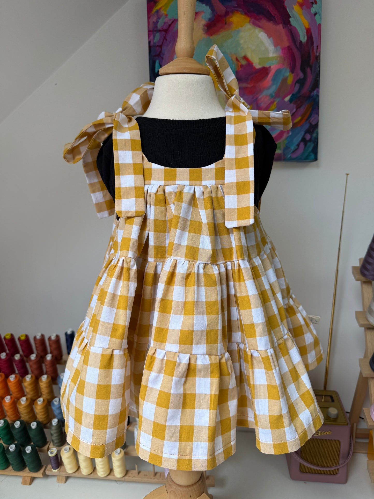 Gingham Mustard sustainable tiered dress