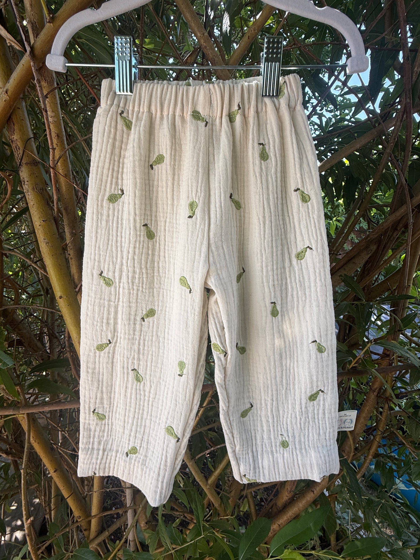 100% Cotton Muslin Kids Trousers with emroidered Pear detail