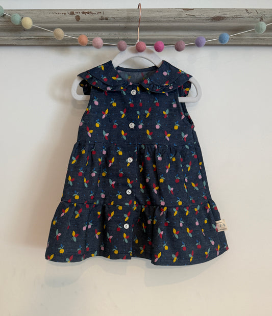 Cotton Apple & Floral Tiered Girls Dress with Collar