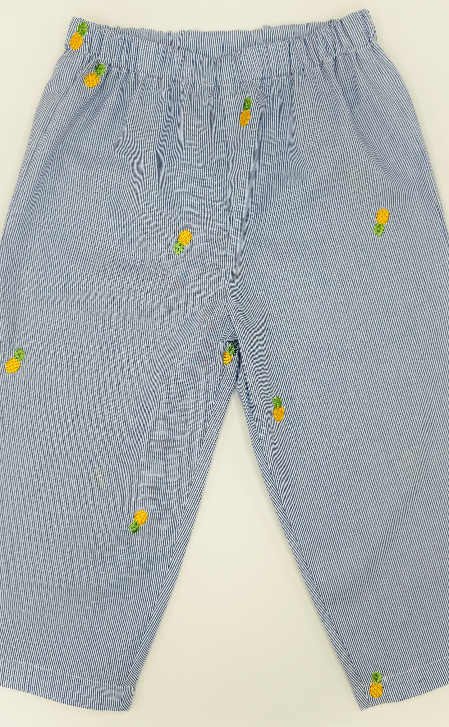 Sustainable cotton Unisex Kids pinstripe trousers with embroidered pineapples