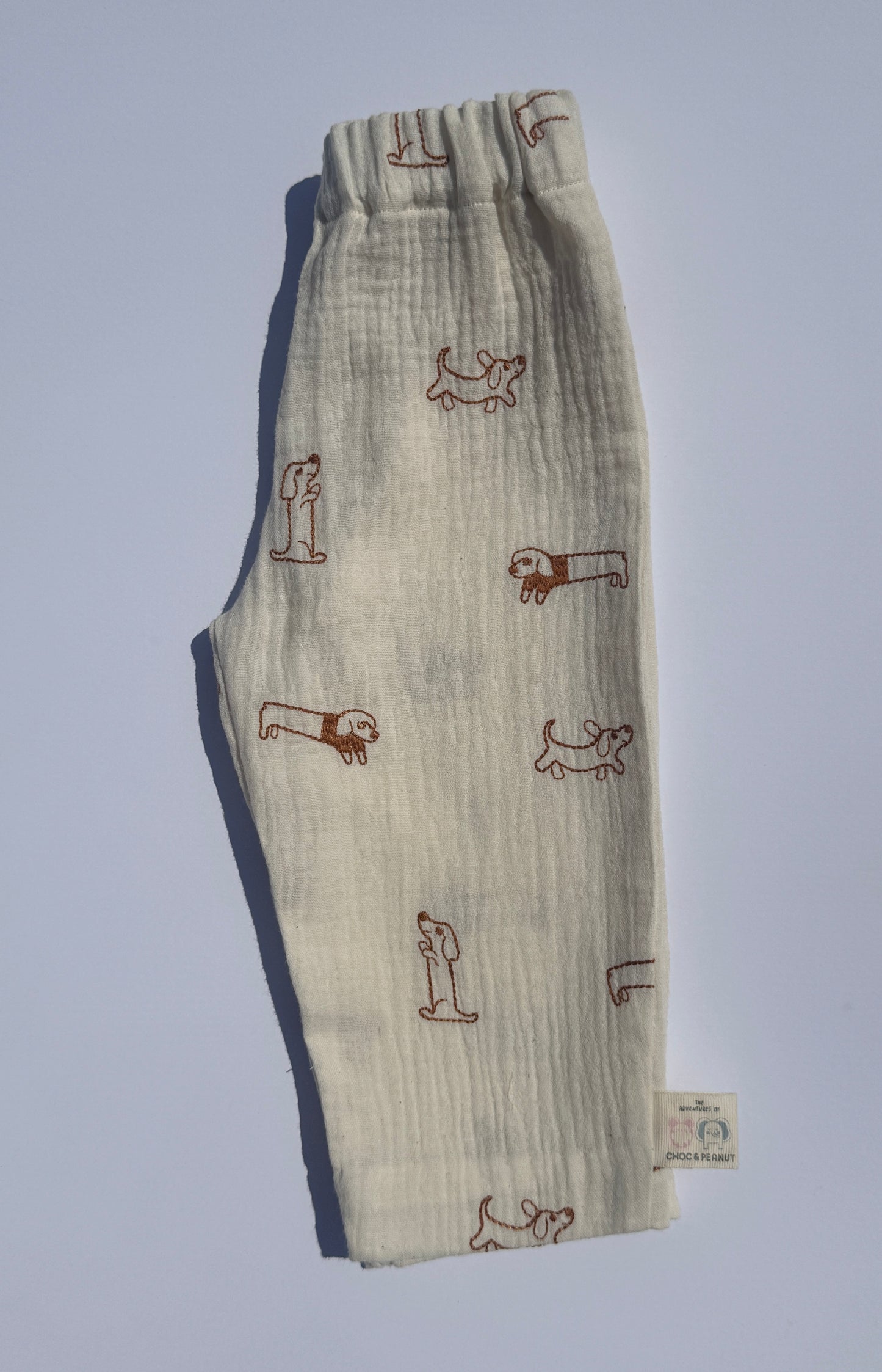100% Cotton Muslin Kids Trousers with emroidered Dog detail