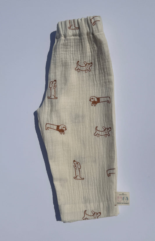 100% Cotton Muslin Kids Trousers with emroidered Dog detail
