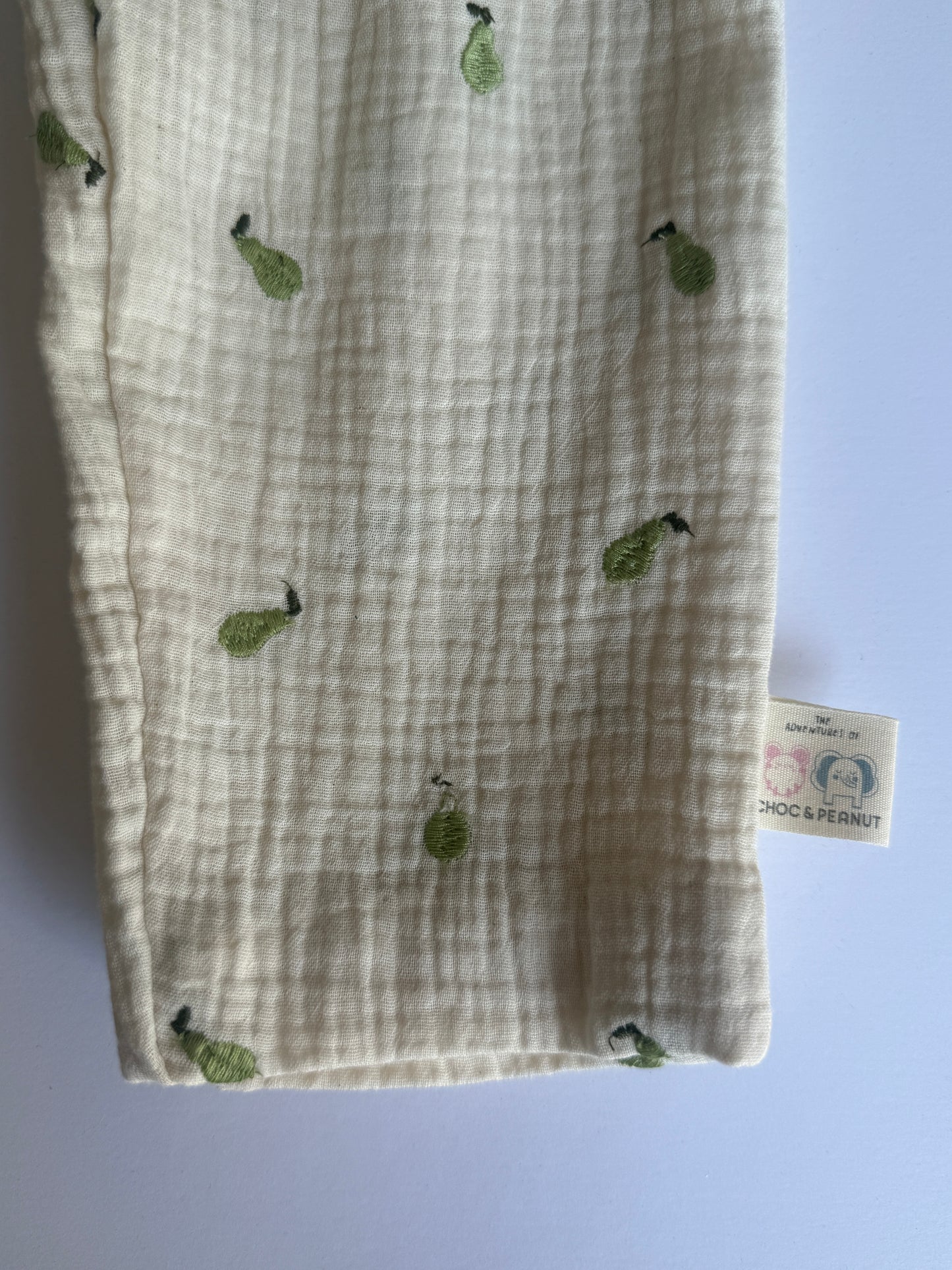 100% Cotton Muslin Kids Trousers with emroidered Pear detail