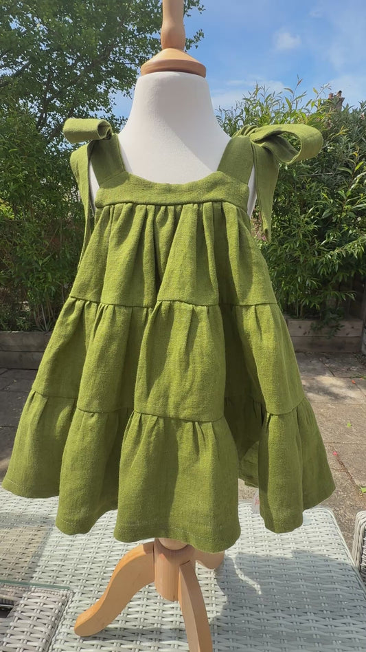 100% Baltic Linen Green tiered Children's Dress